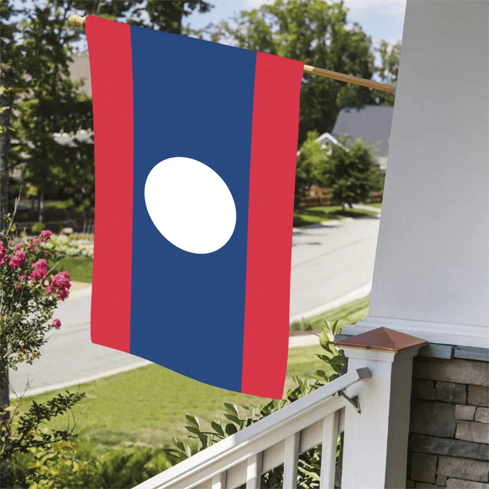 Luv My Flag: Laotian flag displayed on porch railing.