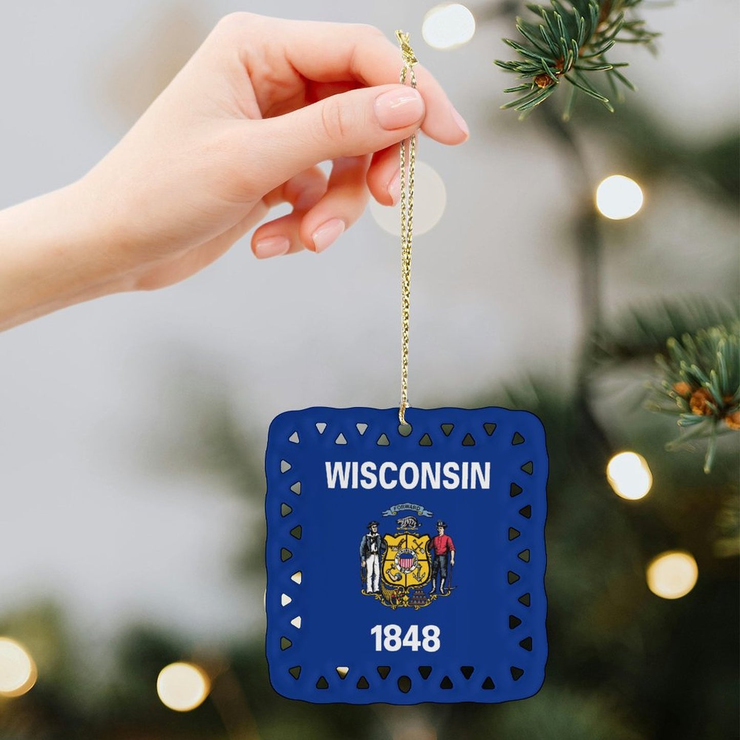 Wisconsin Flag Inspired Square Ceramic Ornament Made in the USA