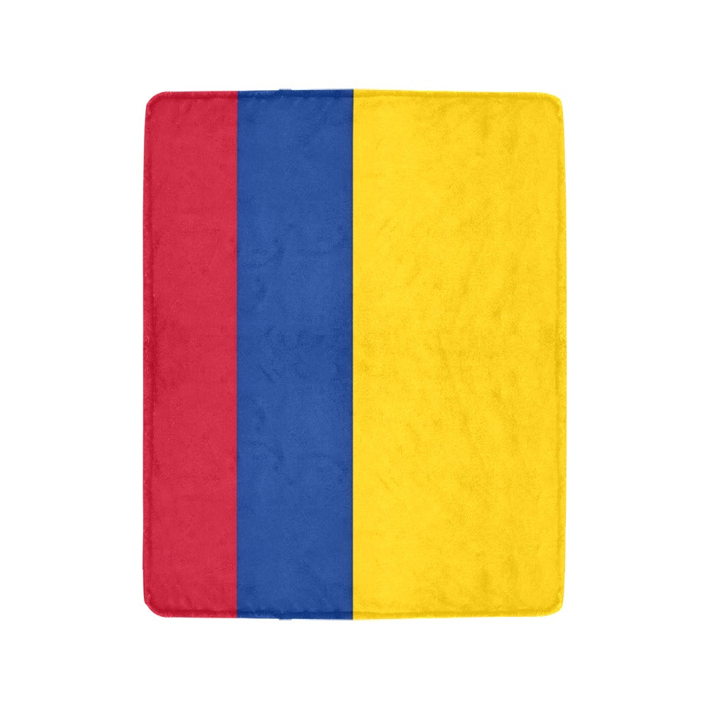 Luv My Flag blanket with red, blue, yellow stripes.