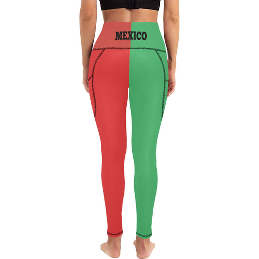 The back side of leggings with red and green design and 'MEXICO' text on a white background