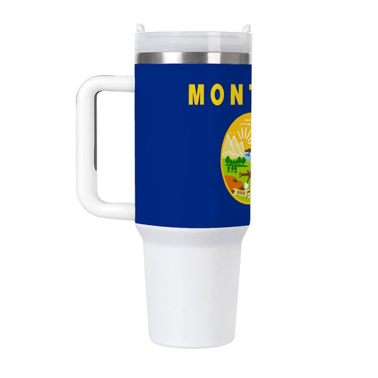[Brand] tumbler featuring Montana flag with white handle.