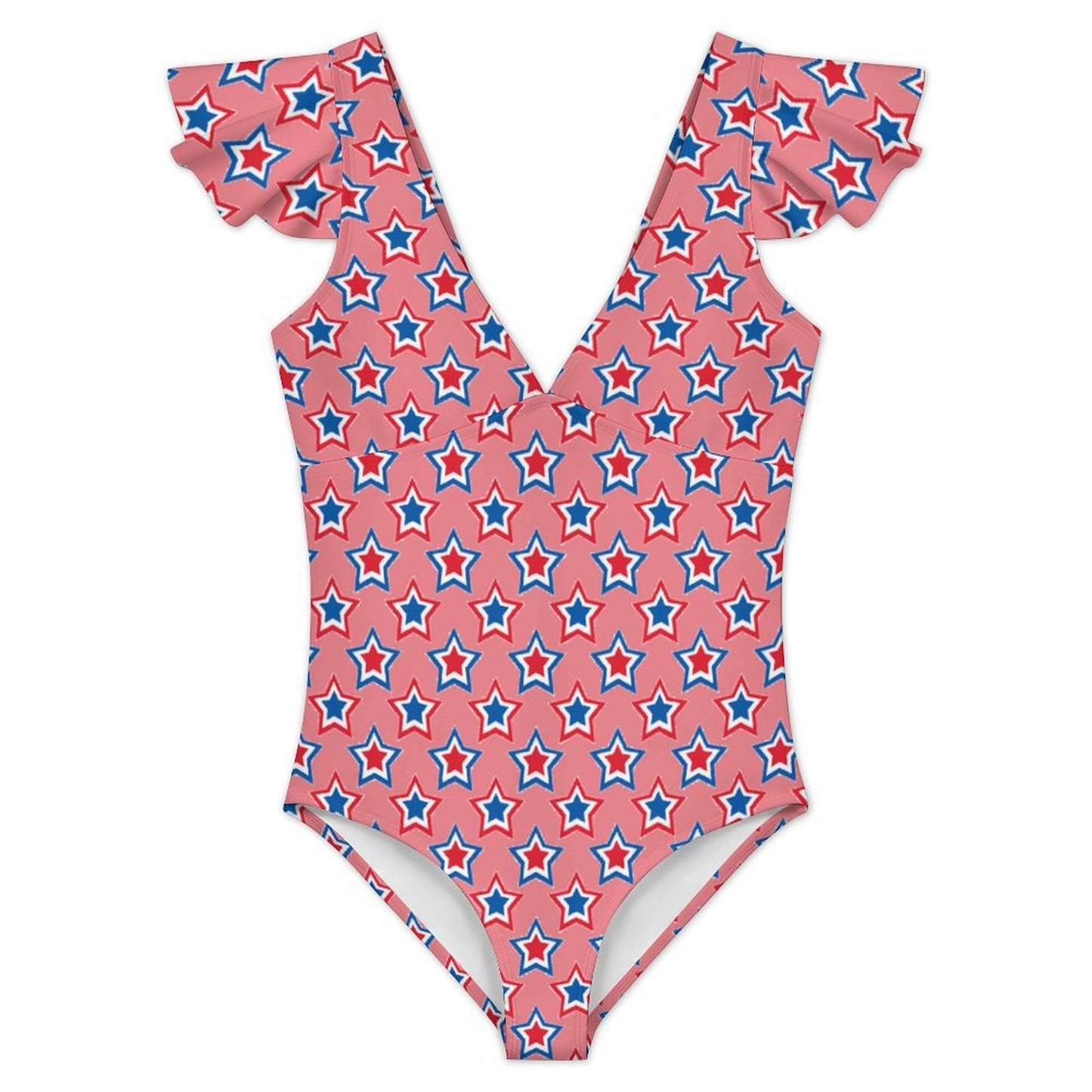 USA/American Flag Inspired Red, White & Blue Stars on Pink Women's V-neck Ruffle Sleeve One Piece Swimsuit