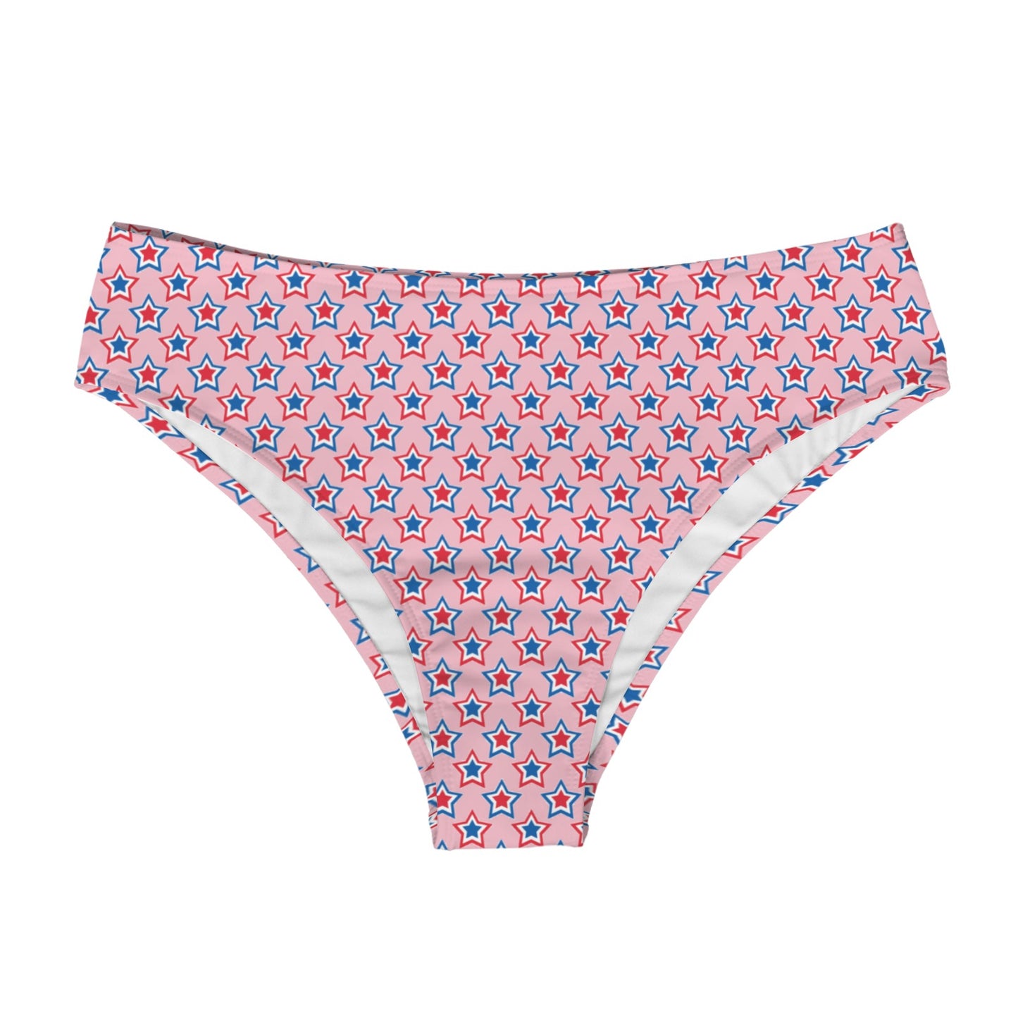 USA:American Flag Inspired Red, White & Blue Stars Pink High-Waisted Bikini Bottom
