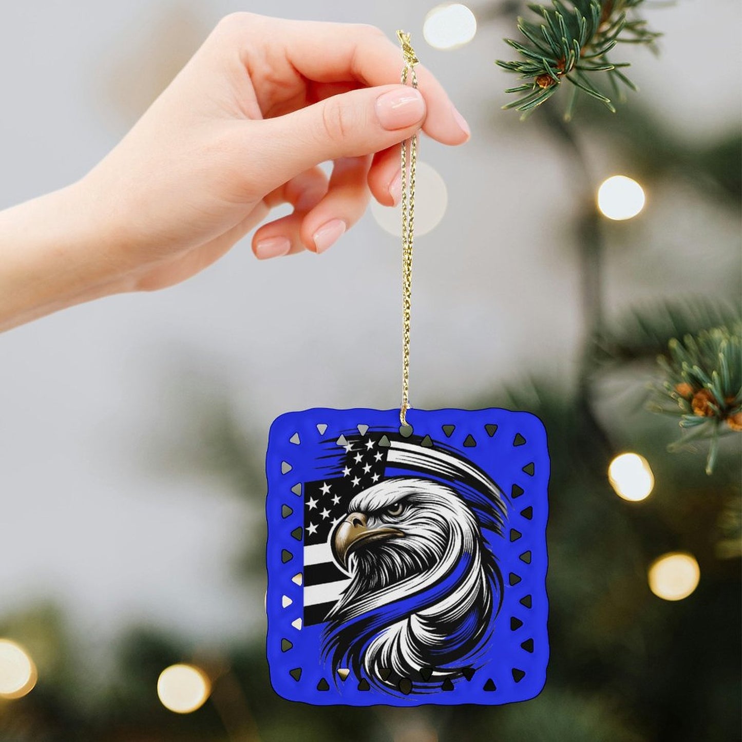 Thin Blue Line Flag Inspired Eagle Square Ceramic Ornament Made in the USA