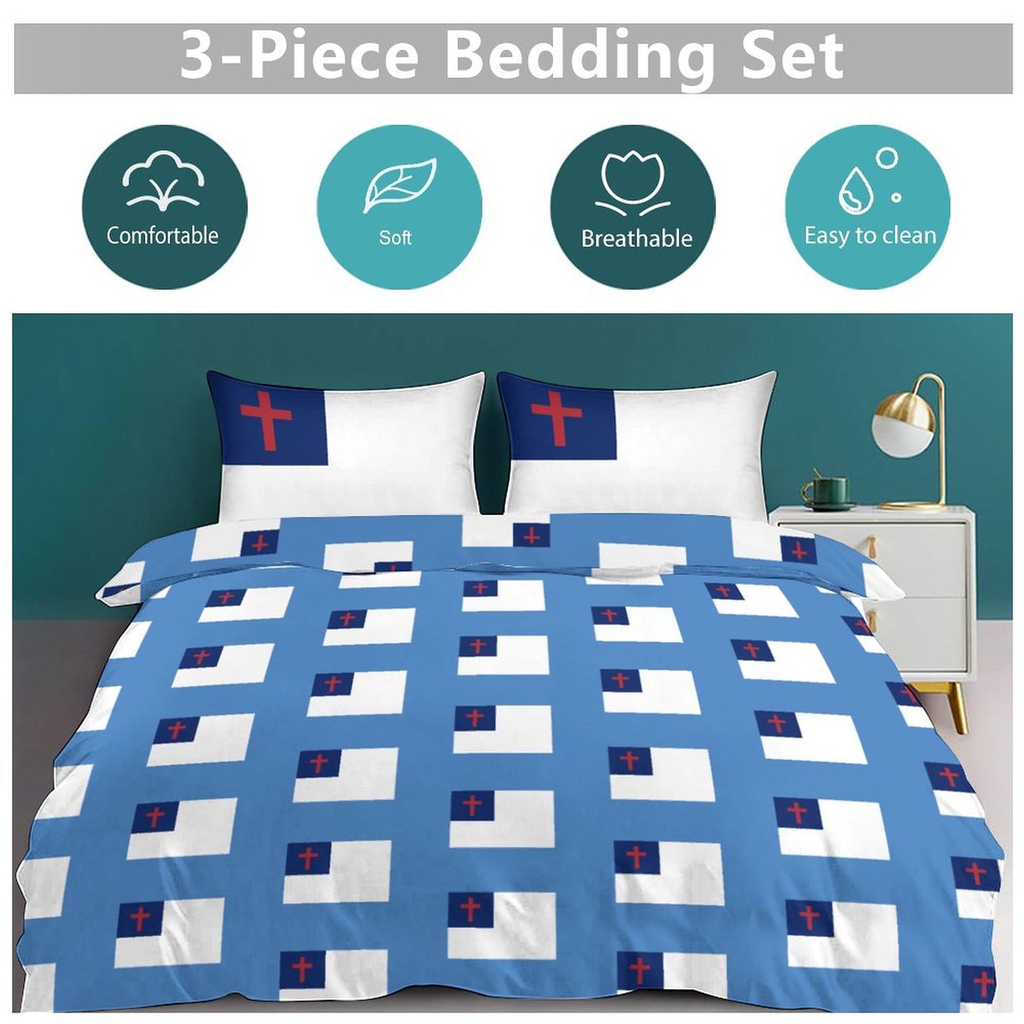 Christian Flag Inspired 3-Piece Bedding Set (1 Duvet Cover + 2 Pillow Shams) – 102"×90"