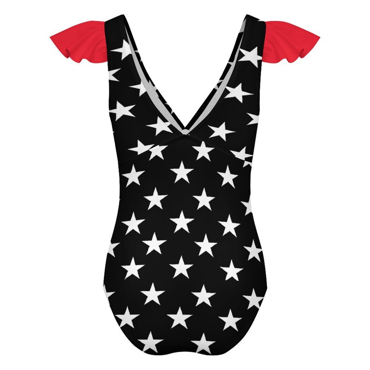 Thin Red Line Flag Inspired Women's V-neck Ruffle Sleeve One Piece Swimsuit