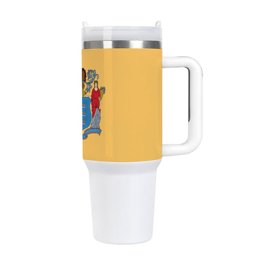 Yellow [Brand] travel mug with New Jersey state flag.