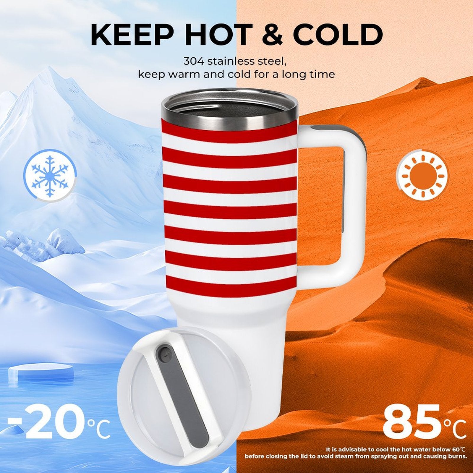 Red-striped [Brand] thermos in freezing and hot environments.