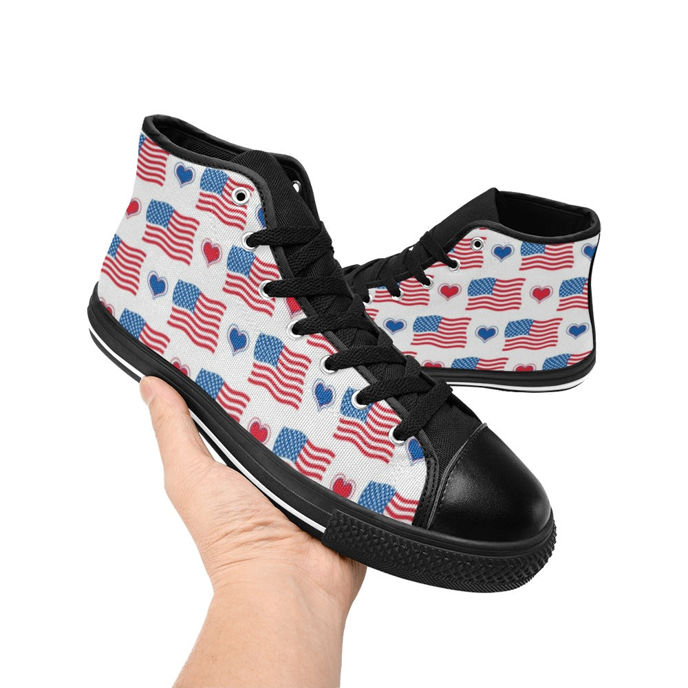 USA/American Flag Inspired Flag and Hearts Pattern Kid's High Top Canvas Shoes