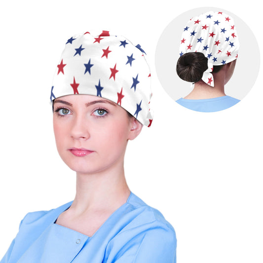 USA/American Flag Inspired Red & Blue Stars Pattern Scrub Cap | Ships from USA
