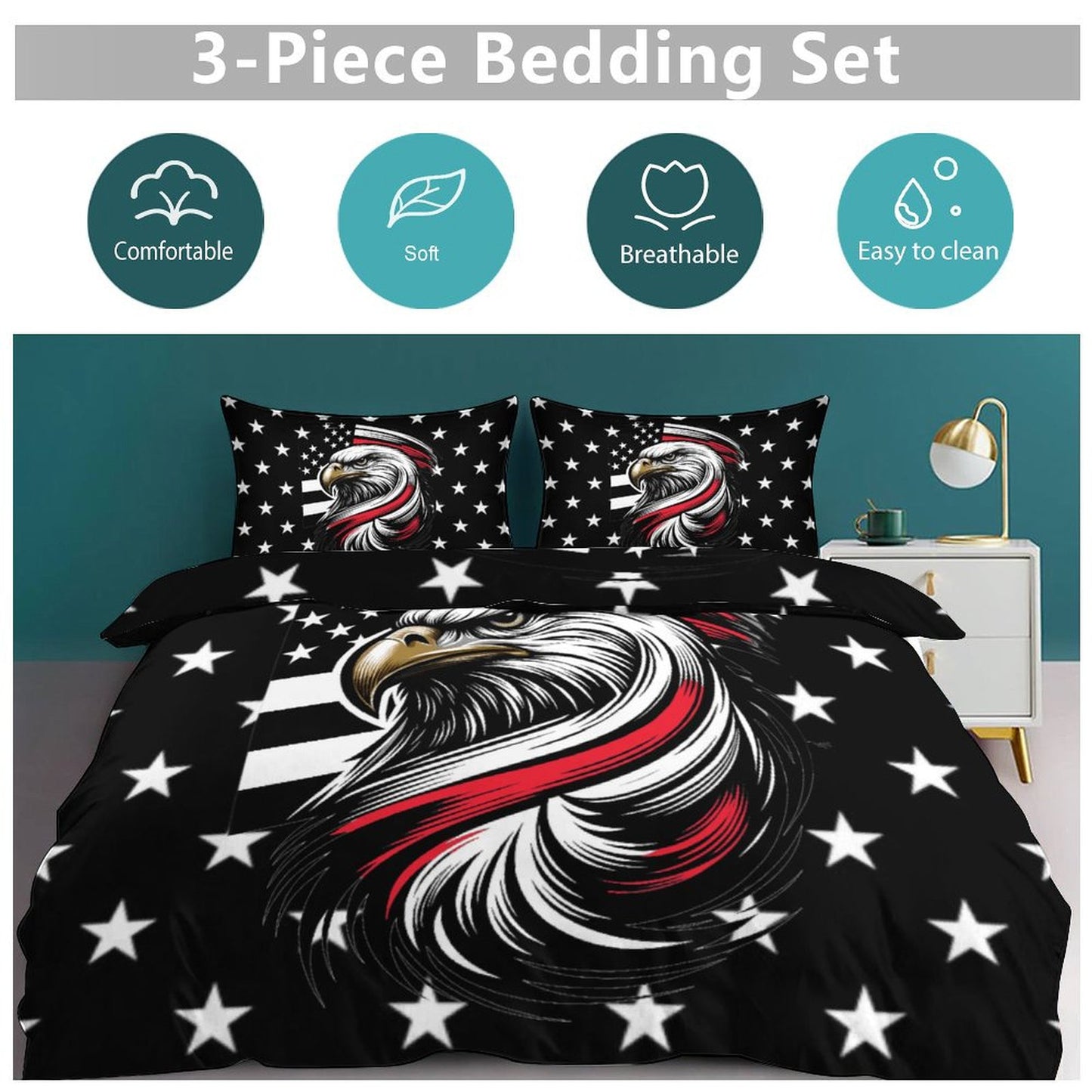Thin Red Line Flag Inspired Eagle 3-Piece Bedding Set (1 Duvet Cover + 2 Pillow Shams) – 102"×90"
