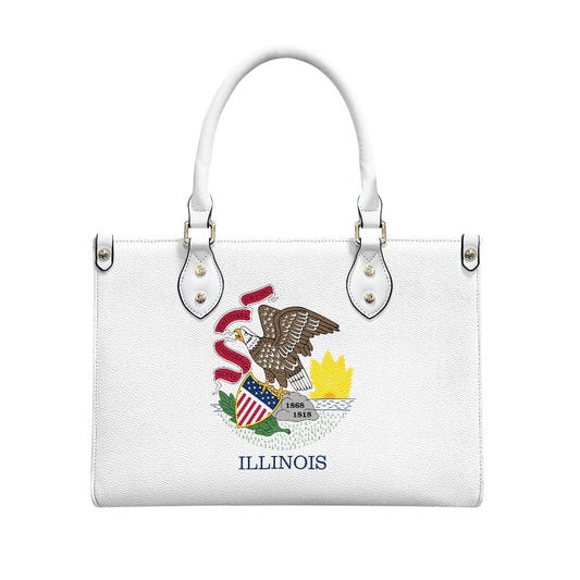 [Brand] white handbag featuring Illinois state emblem design.
