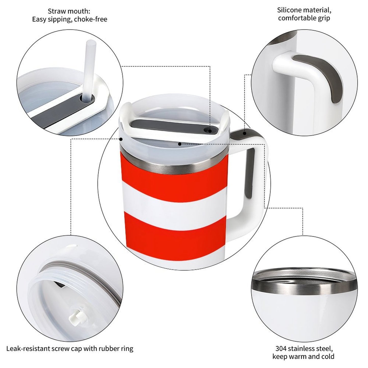 Red and white striped tumbler with silicone grip by [Brand].