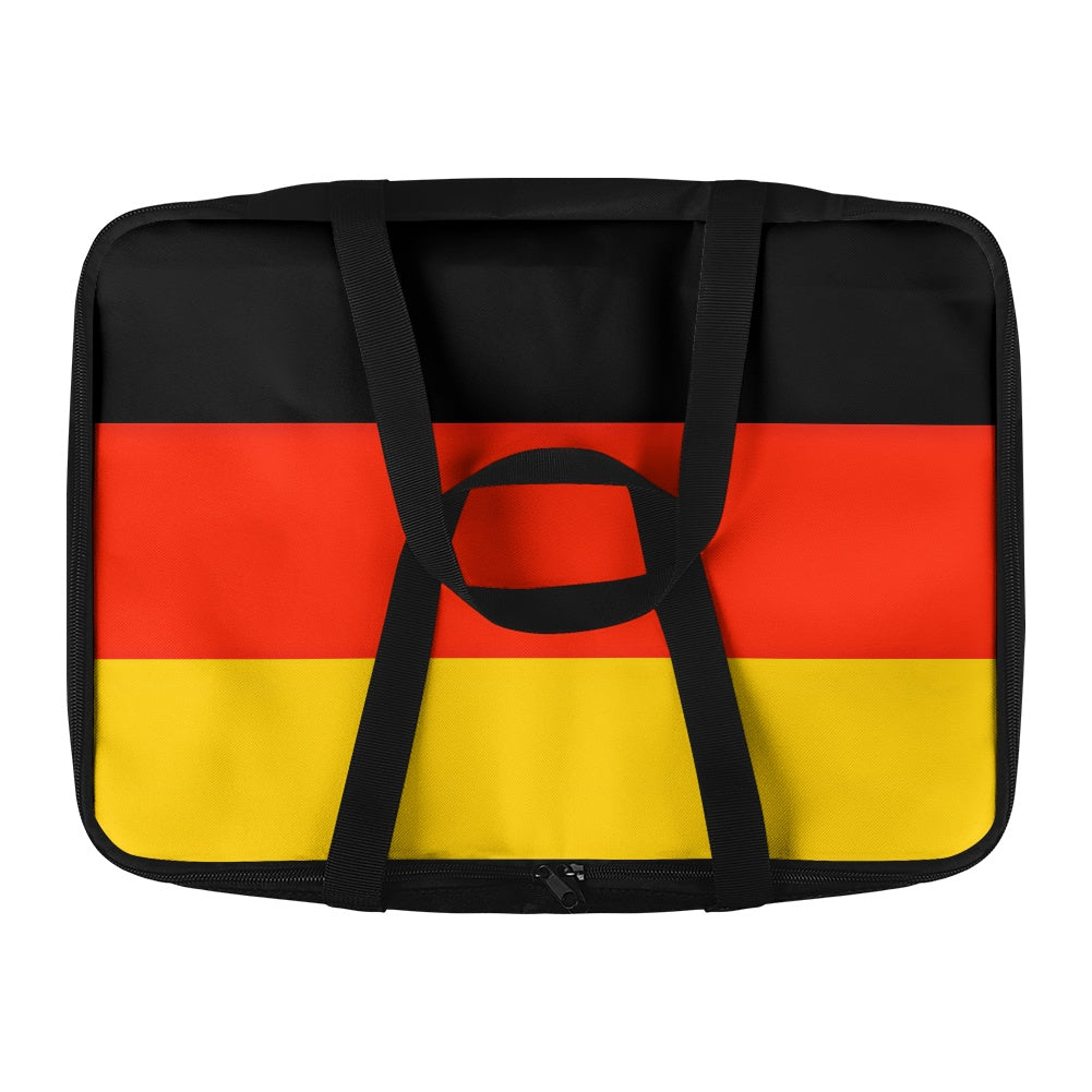 [Brand] suitcase with German flag design and black straps.