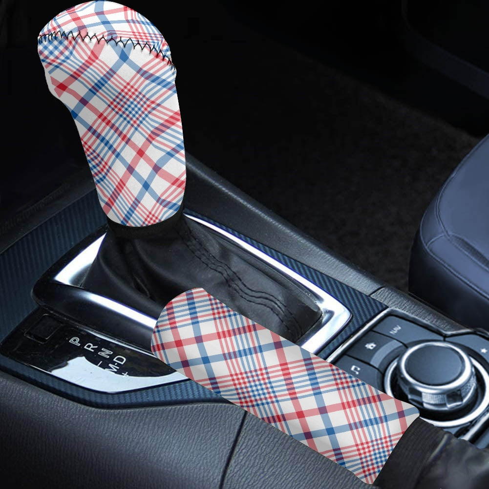 USA/American Flag Inspired Plaid Pattern Gear Lever Cover+Hand Brake Cover