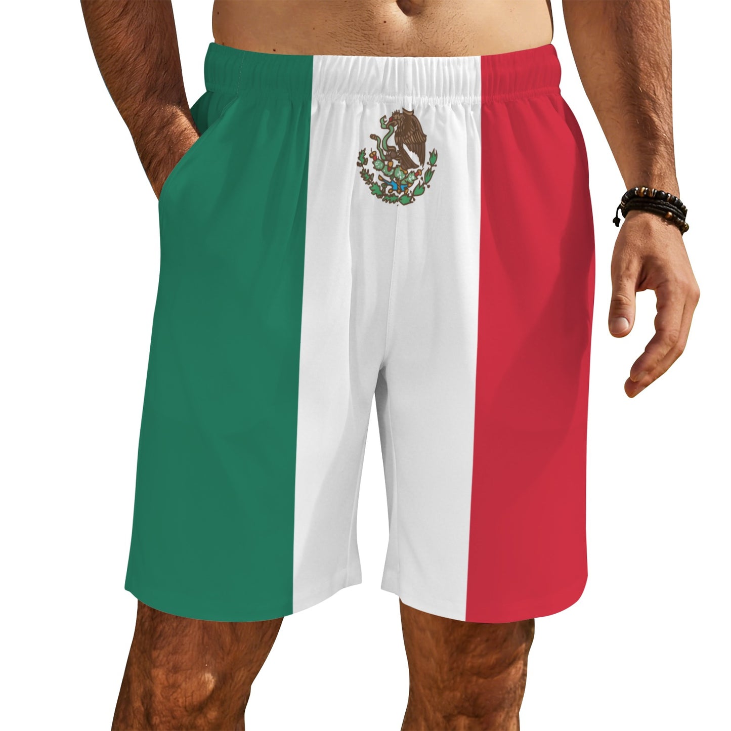 Mexico Flag Inspired Men’s Draw String Pocket Beach Shorts Printed in the USA
