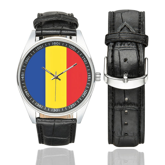 Romania Flag Men's Casual  Leather Strap Watch