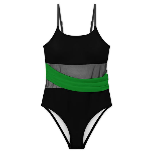 Thin Green Line Flag Inspired Women's Square Neck Mesh Spliced One Piece Swimsuit
