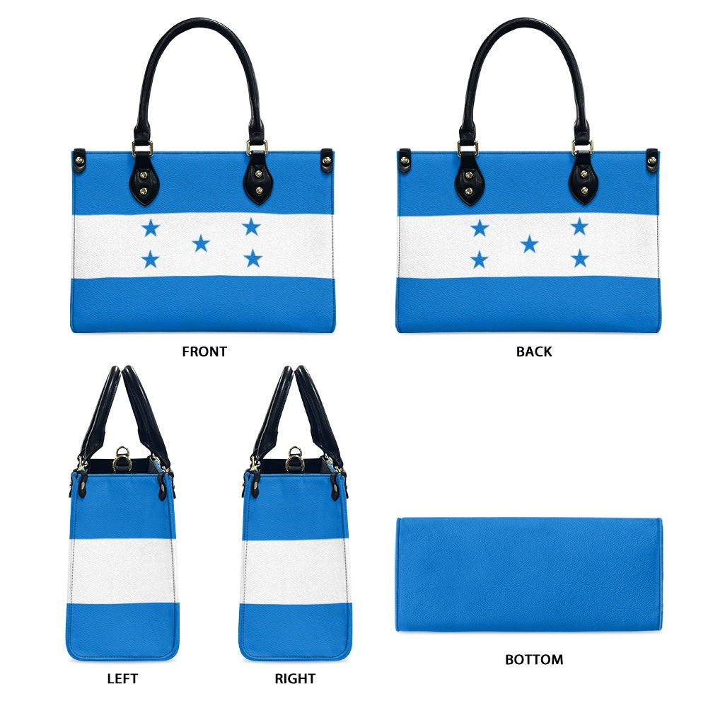 [Brand] handbag featuring Honduran flag, shown from multiple angles.