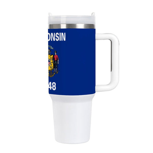 [Brand] travel mug featuring Wisconsin flag design, white handle.