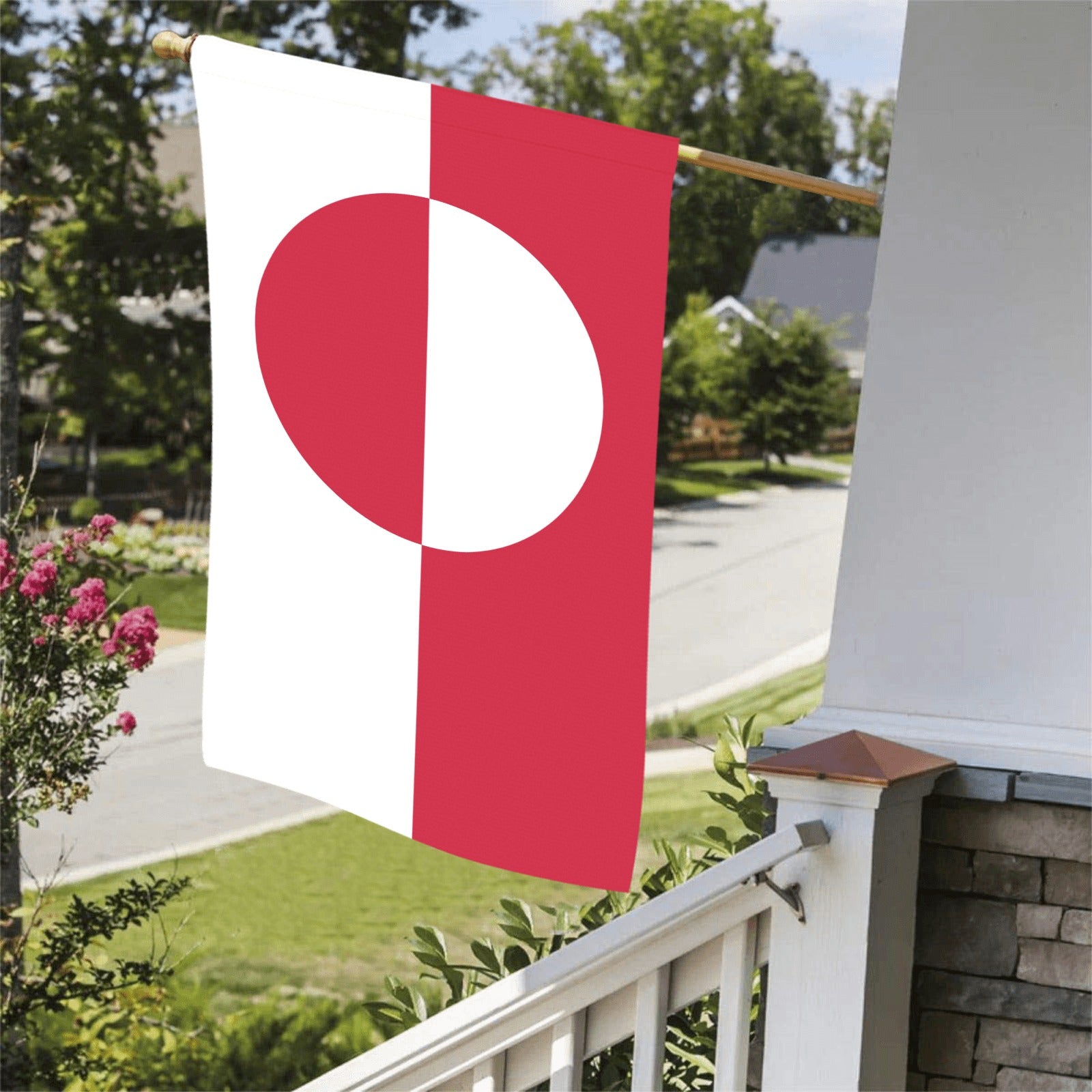 Red and white flag by Luv My Flag, outdoors.