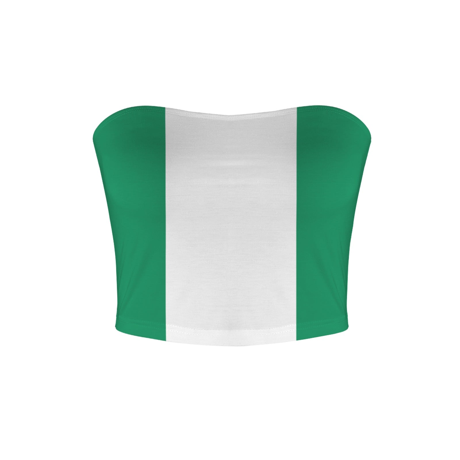 [Brand] strapless top with green-white-green vertical stripes design.