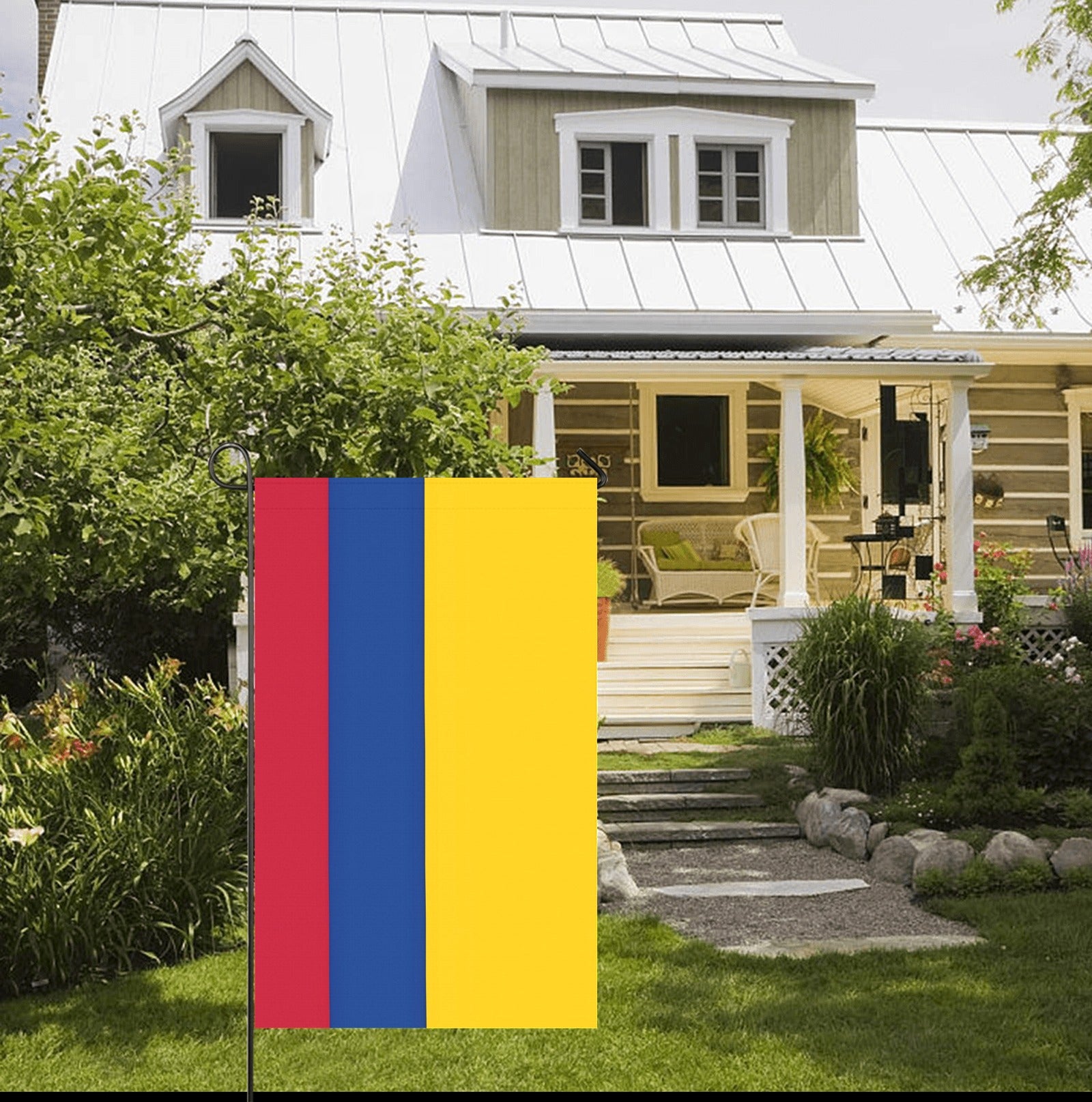 [Luv My Flag] colorful flag in picturesque front yard garden.