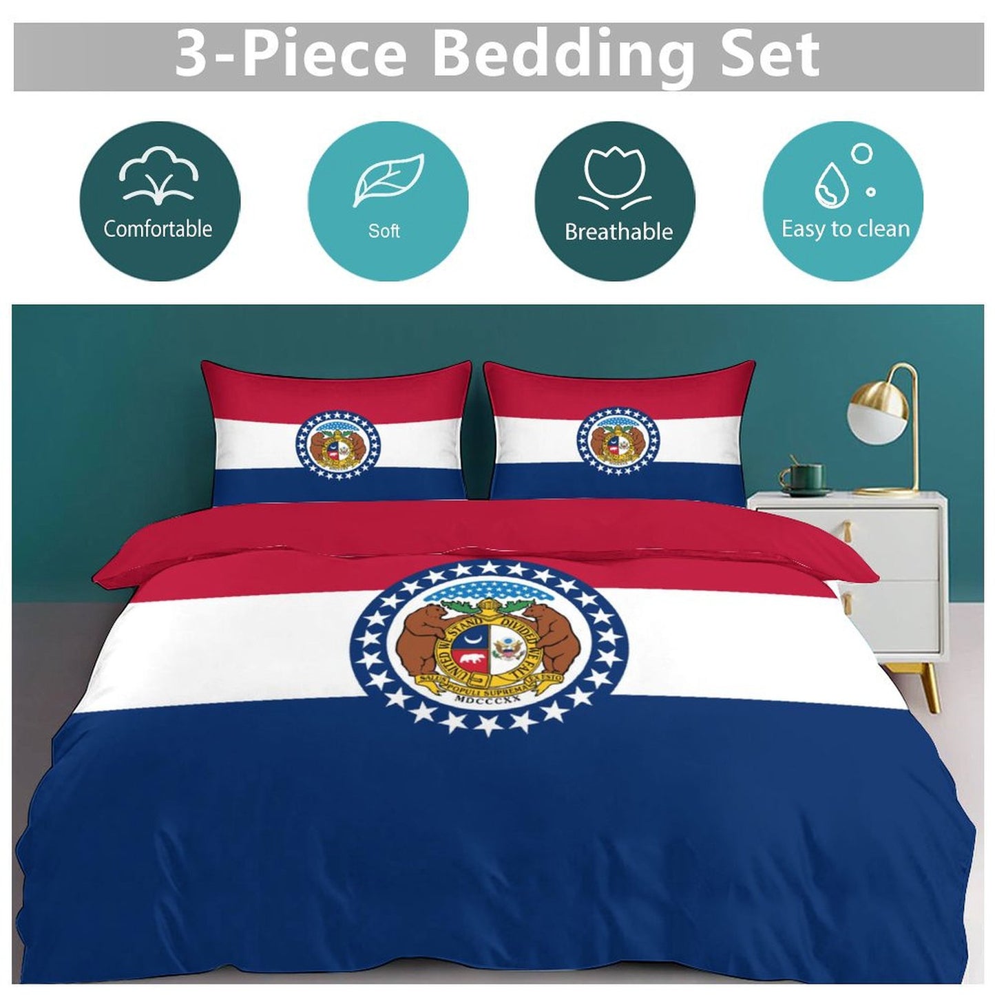 Missouri Flag Inspired 3-Piece Bedding Set (1 Duvet Cover + 2 Pillow Shams) – 102"×90"