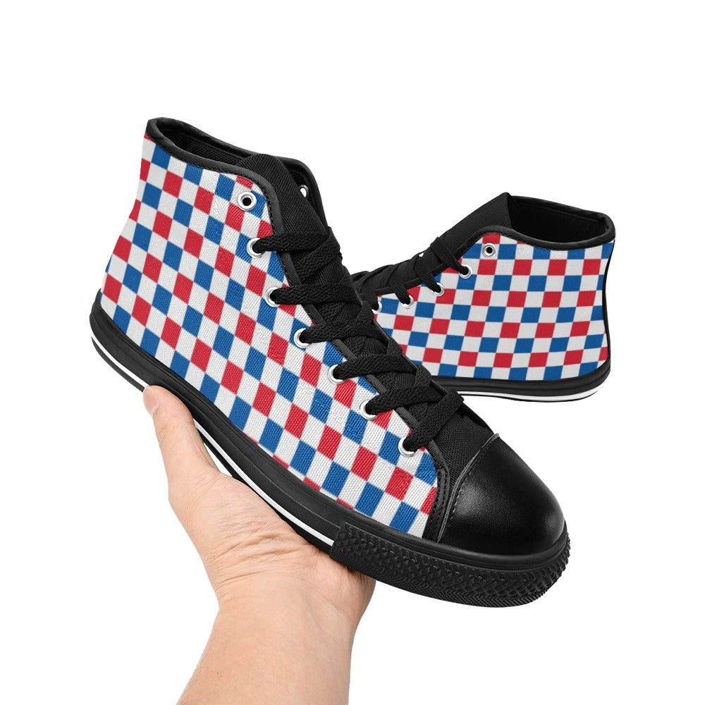 USA/American Flag Inspired Checkered Pattern Kid's High Top Canvas Shoes