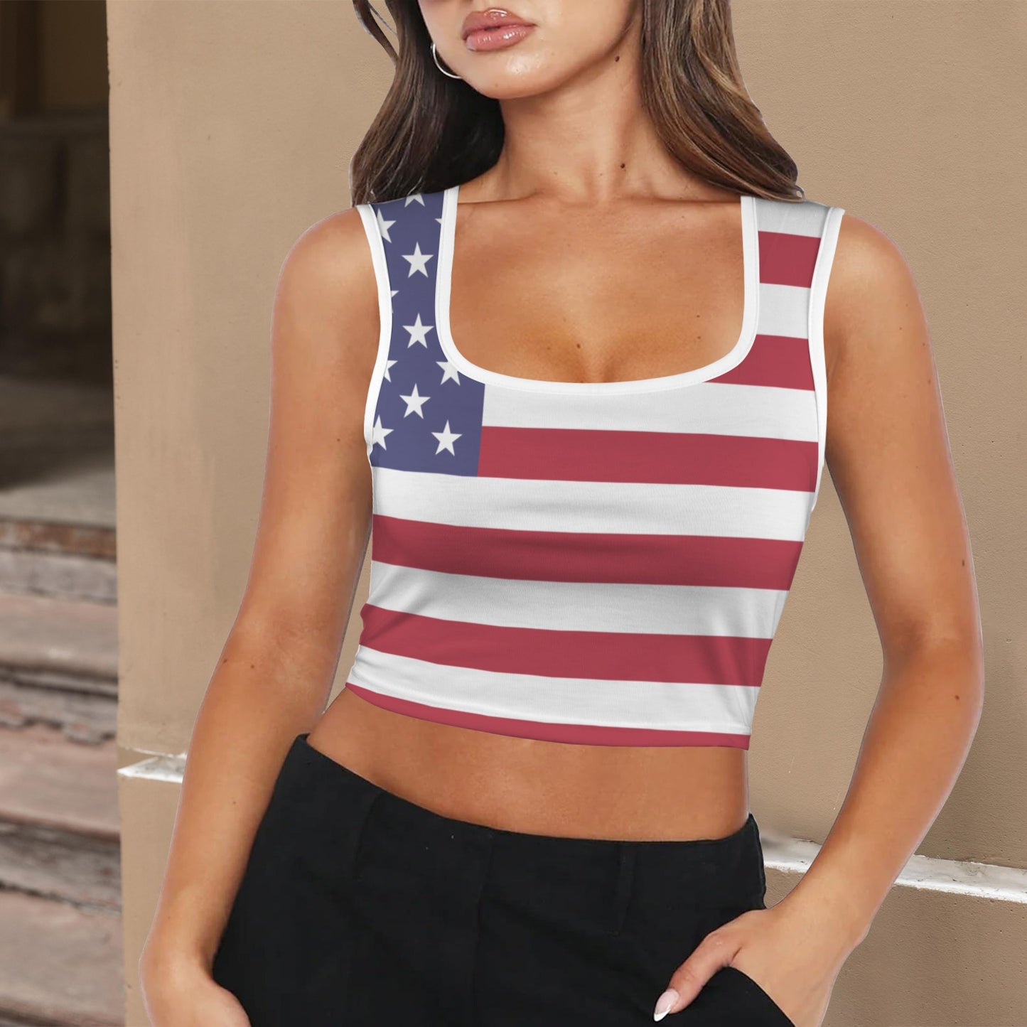 USA/American Flag Inspired Square Neck Crop Tank Tops