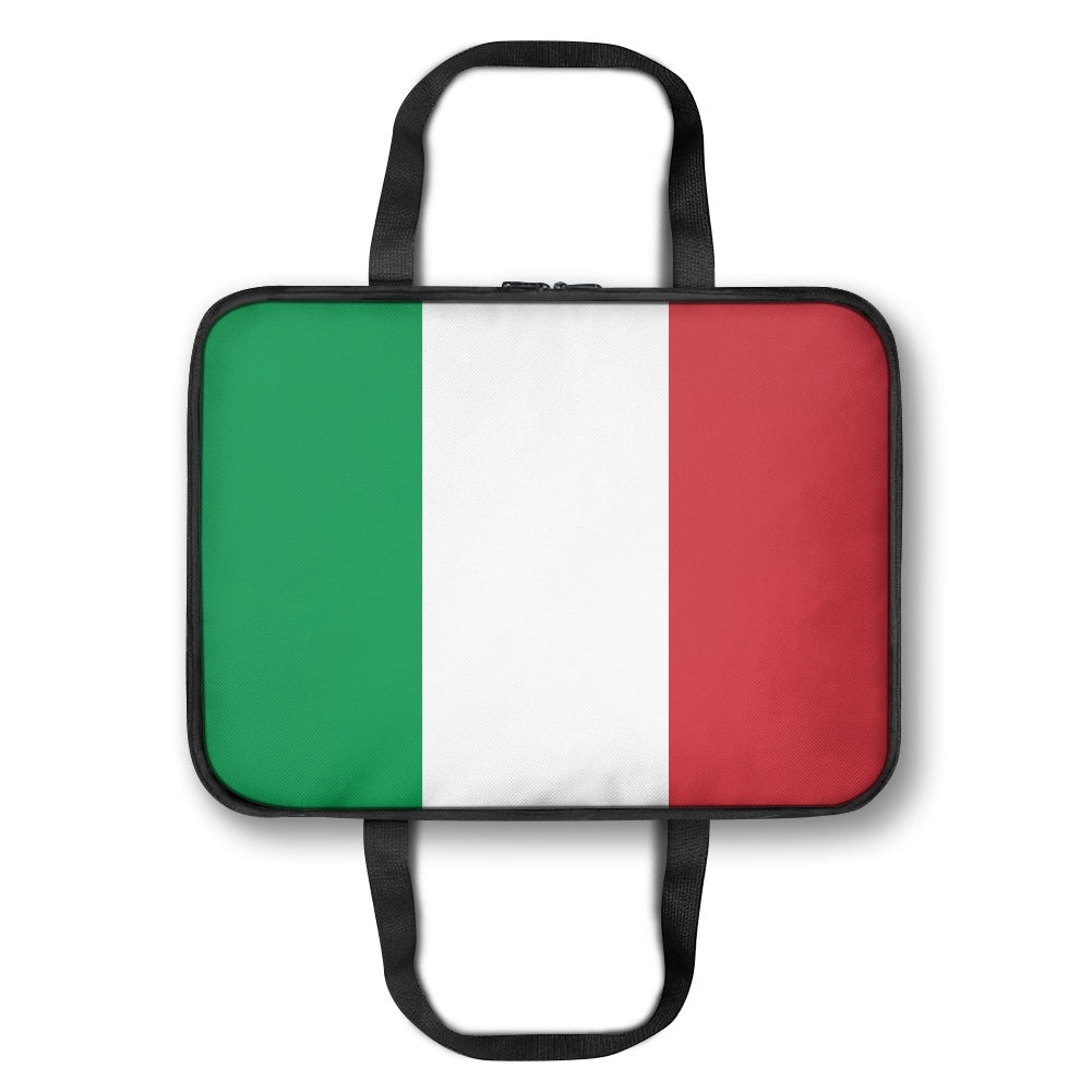 [Brand] laptop case with Italian flag design, black handles.