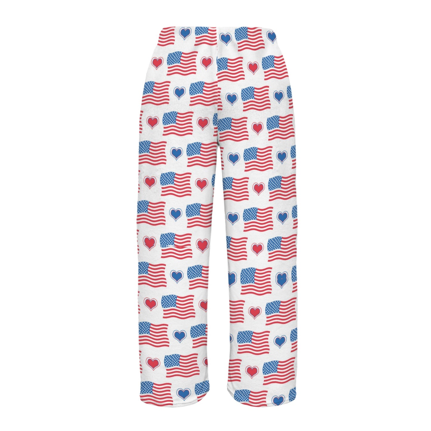 USA/American Flag Inspired Flag and Hearts Pattern Women's Flannel Pajama Trousers Made in the USA