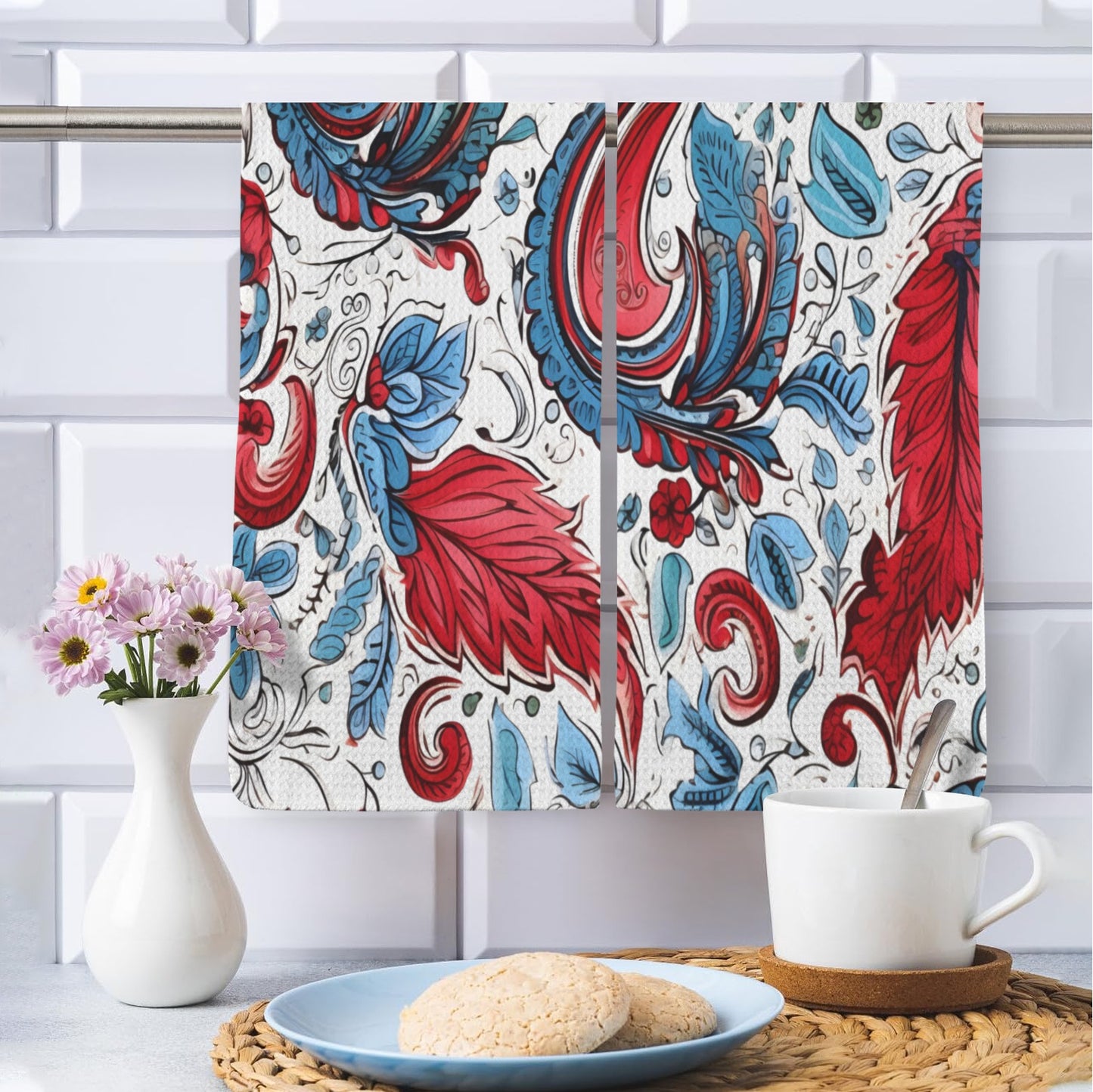 USA/American Flag Inspired Floral Pattern Kitchen Towel 40X60cm (Pack of 2) (Made in the USA)