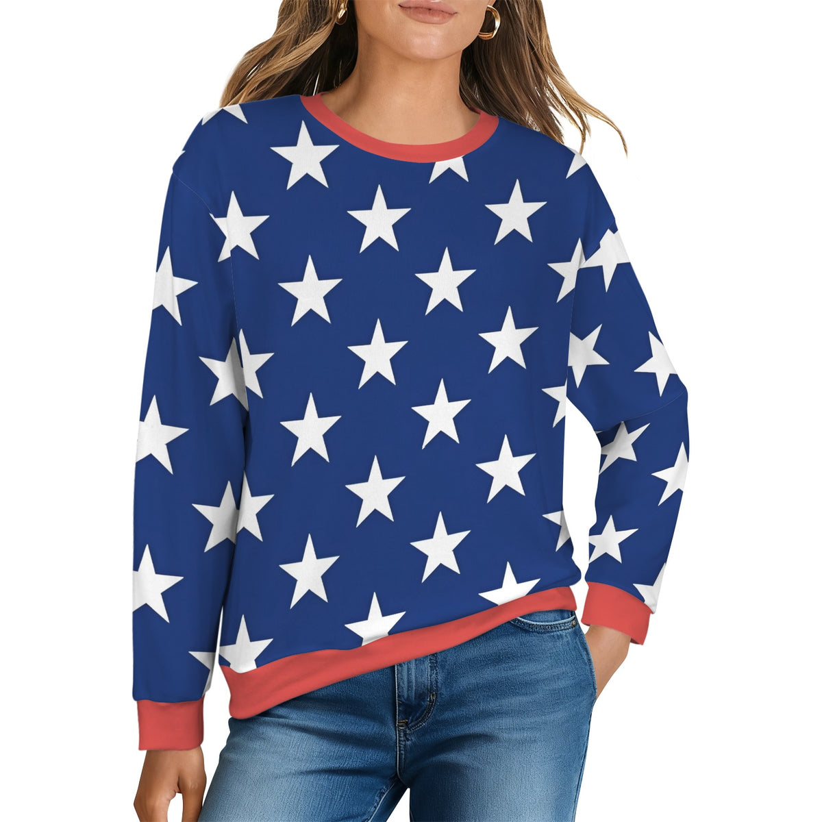 USA/American Flag Inspired Women's Crew Neck Sweater Style-2 Printed in the USA