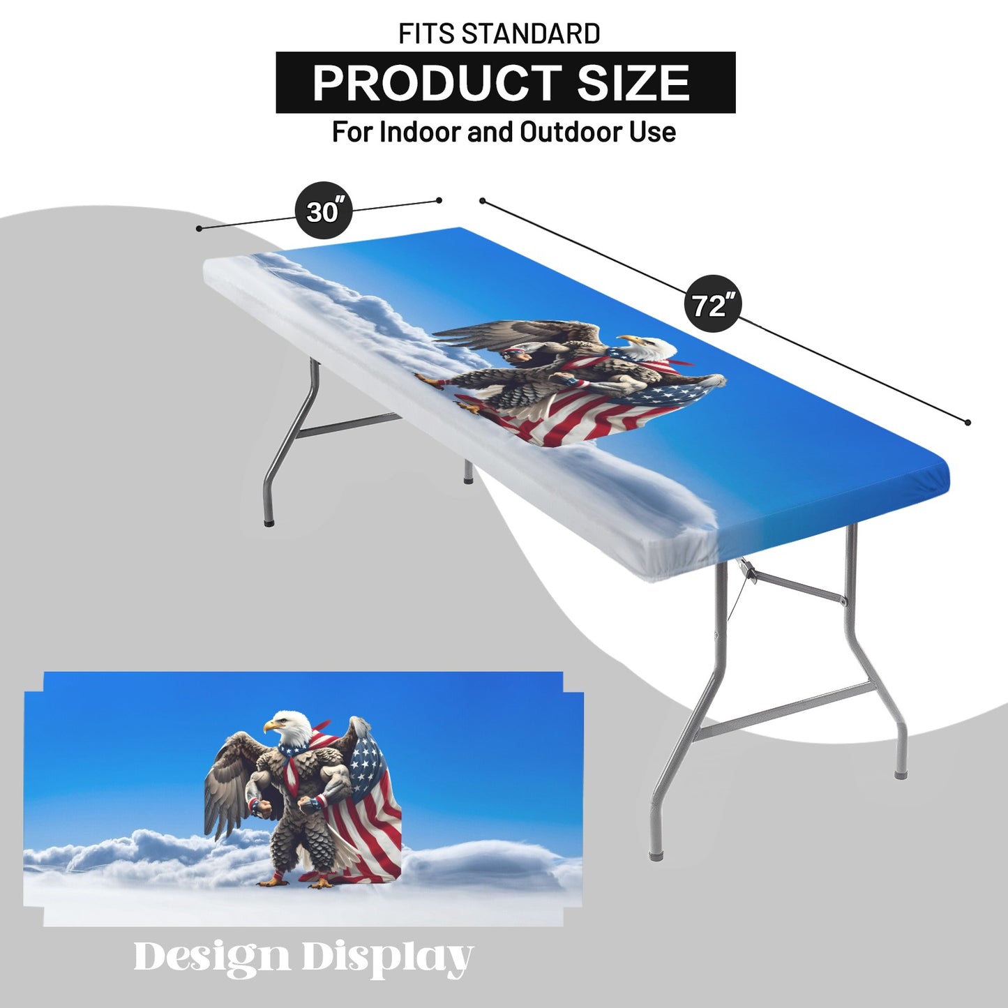 USA/American Flag Inspired Eagle with Cape in Clouds Custom Elastic Fitted Tablecloth 72x30 inch (Made in the USA)
