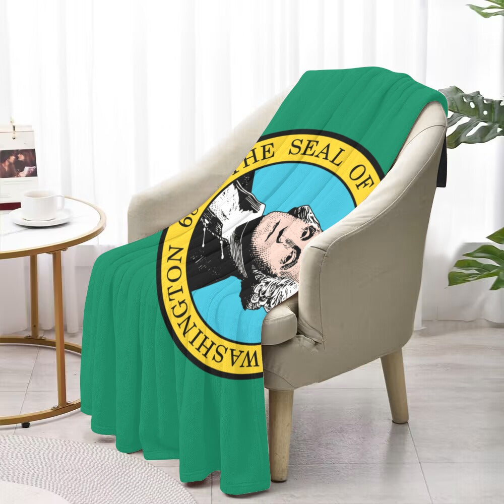 Chair with Luv My Flag blanket featuring Washington seal.