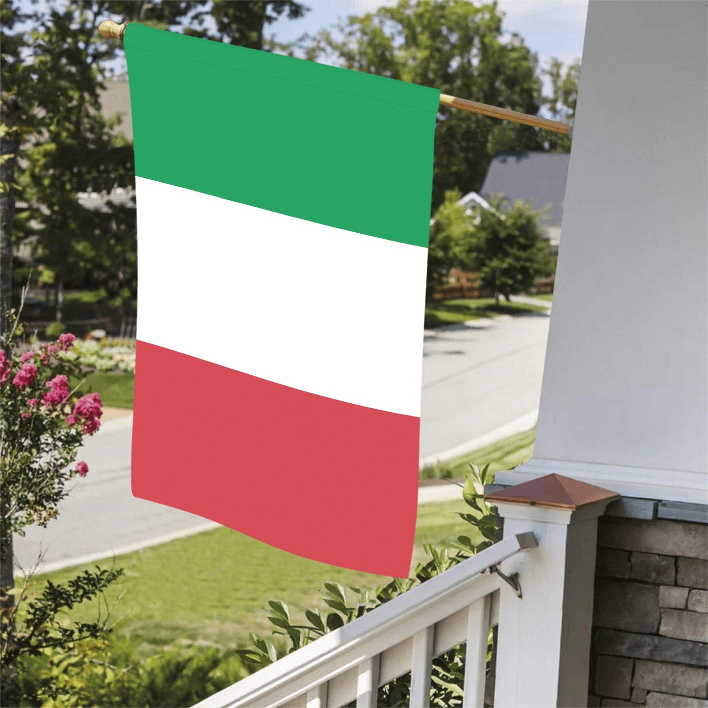 Flag with green, white, red colors, displayed on porch. [Luv My Flag]