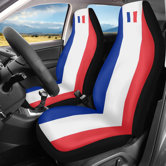 [Brand] car seat covers with red, white, blue design.