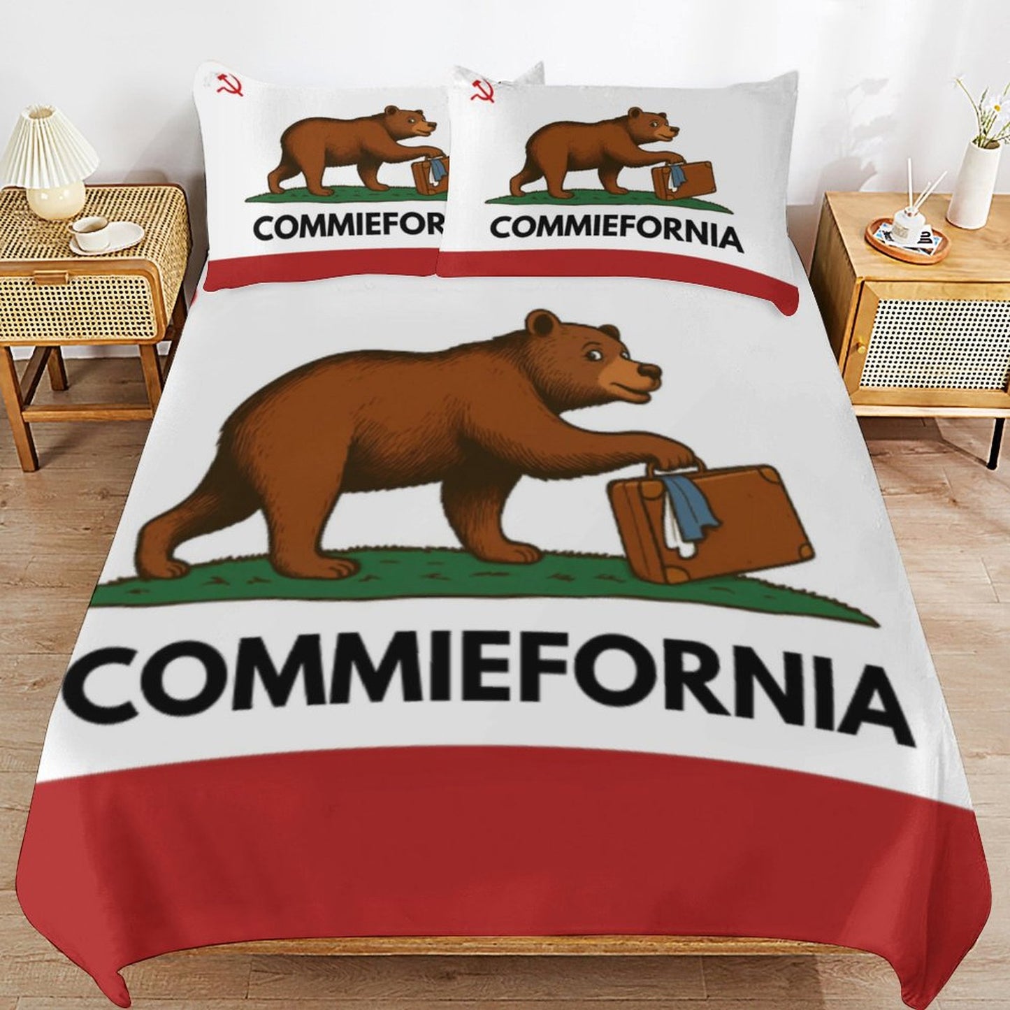 California Flag Inspired (COMMIEFORNIA) 3-Piece Bedding Set (1 Duvet Cover + 2 Pillow Shams) – 102"×90"
