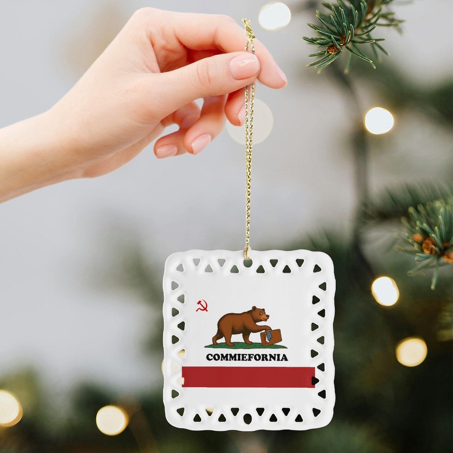 California (Commiefornia) Flag Inspired Square Ceramic Ornament Made in the USA