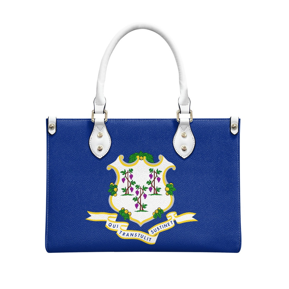 Blue [Brand] handbag featuring Connecticut state flag design.
