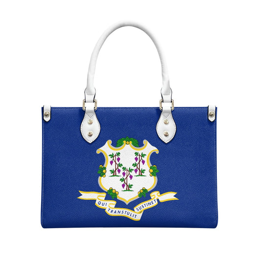 Blue [Brand] handbag featuring Connecticut state flag design.