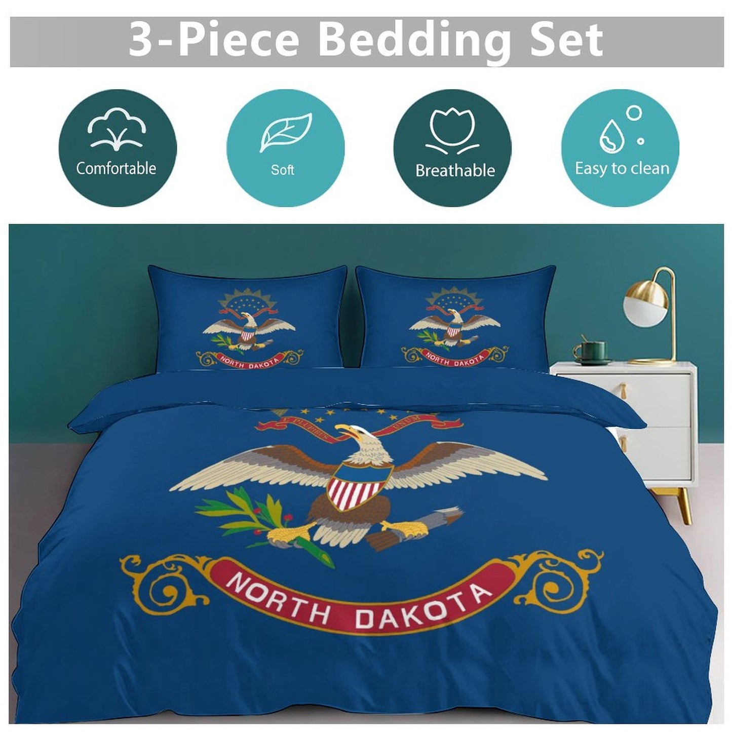 North Dakota Flag Inspired 3-Piece Bedding Set (1 Duvet Cover + 2 Pillow Shams) – 102"×90"