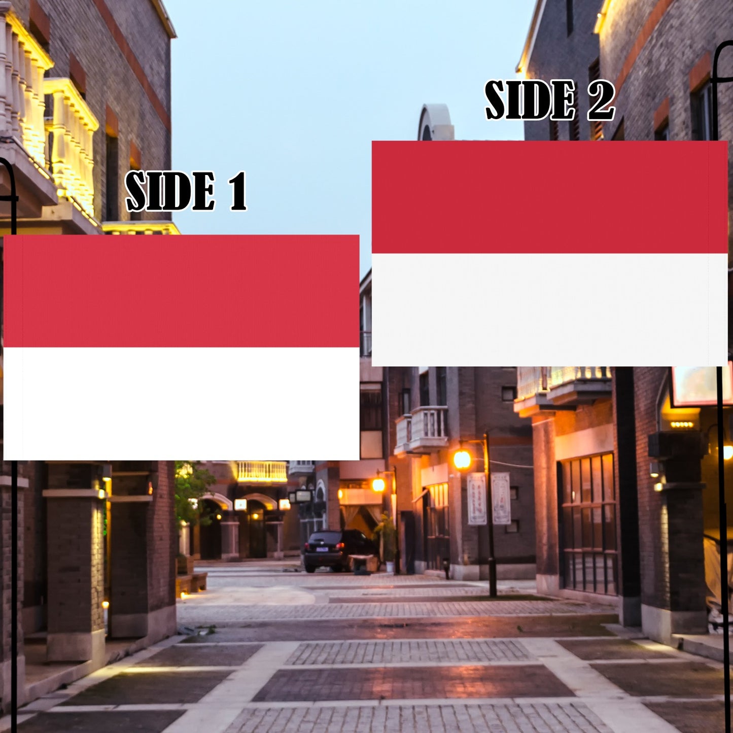 Luv My Flag banners displayed on an urban street setting.