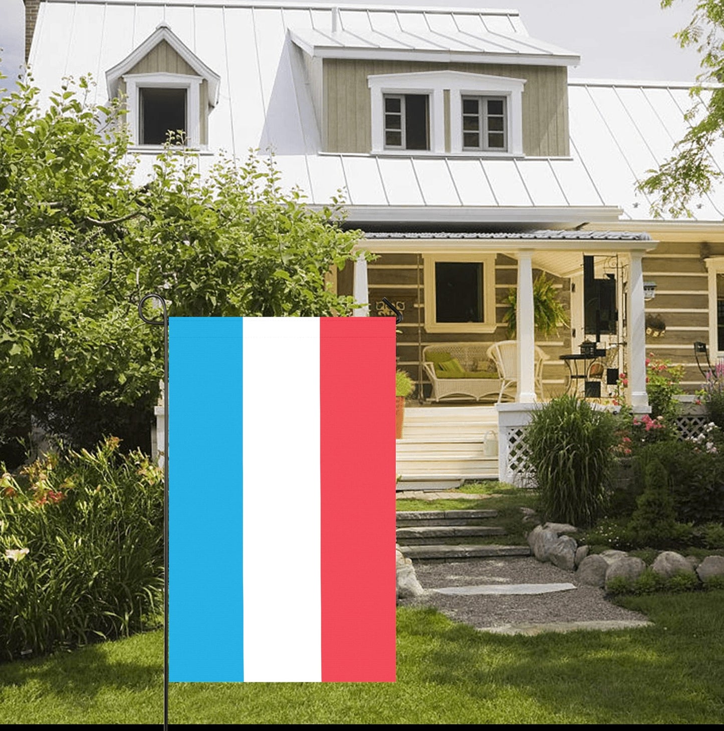 Front yard with a [Luv My Flag] tricolor flag displayed.