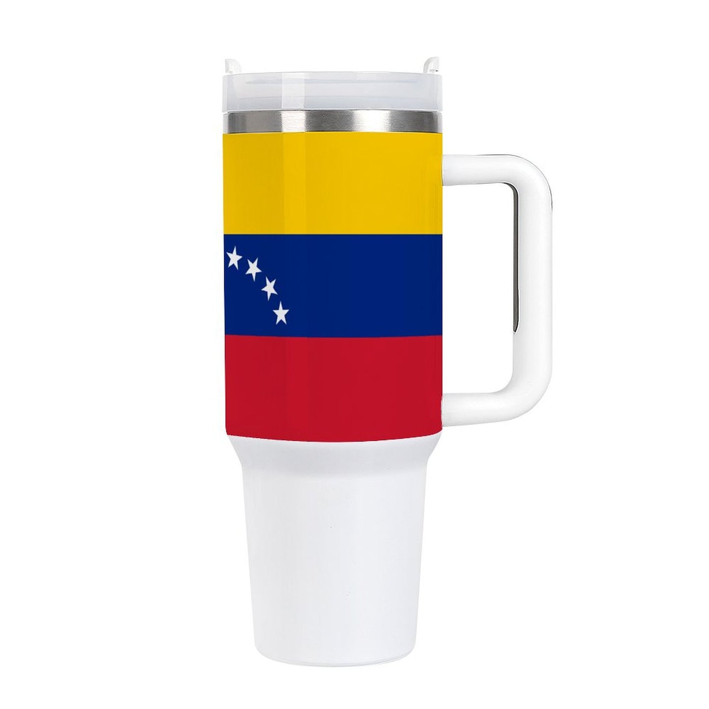 Tumbler with Venezuelan flag design by [Brand], white handle.
