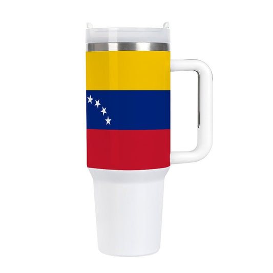 Tumbler with Venezuelan flag design by [Brand], white handle.