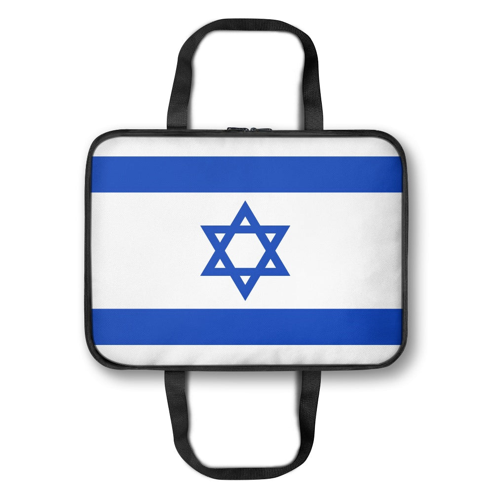 [Brand] bag featuring Israeli flag design with black handles.