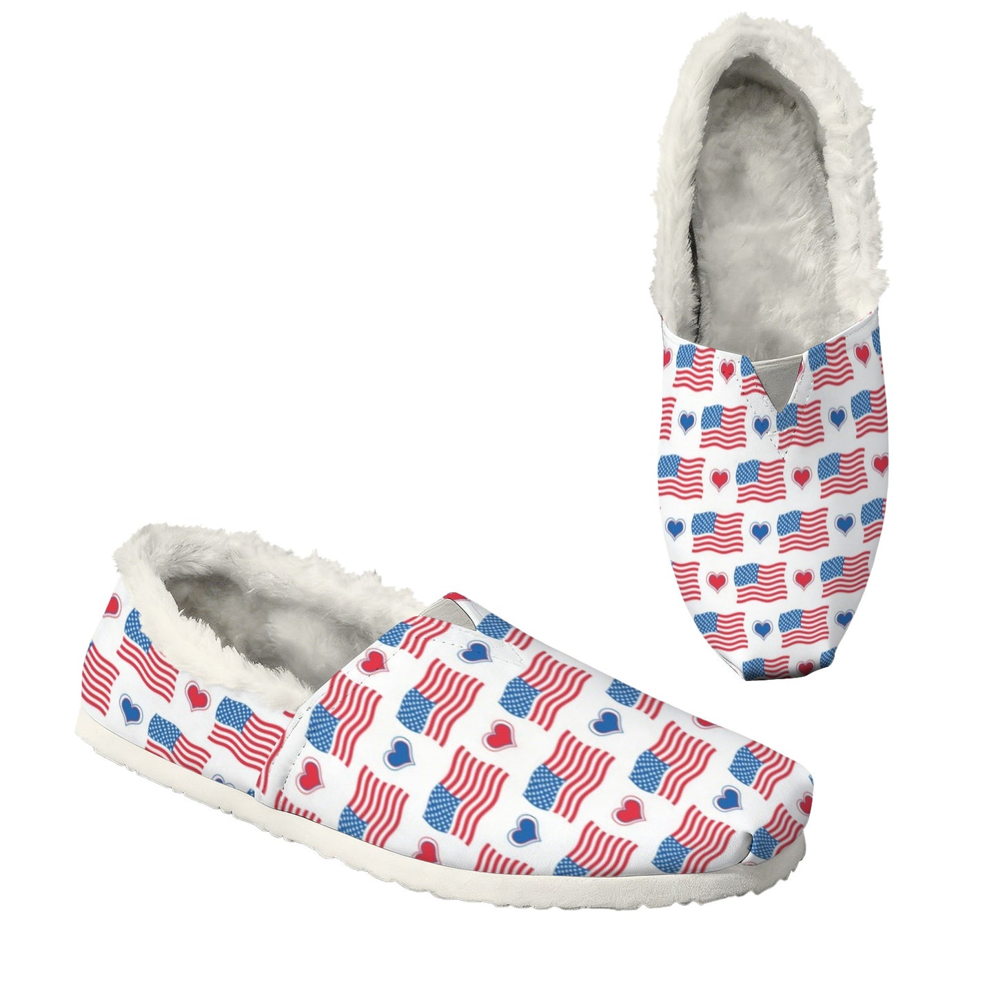 USA/American Flag Inspired Flag and Hearts Pattern Women's Fleece-Lined Canvas Slip-On