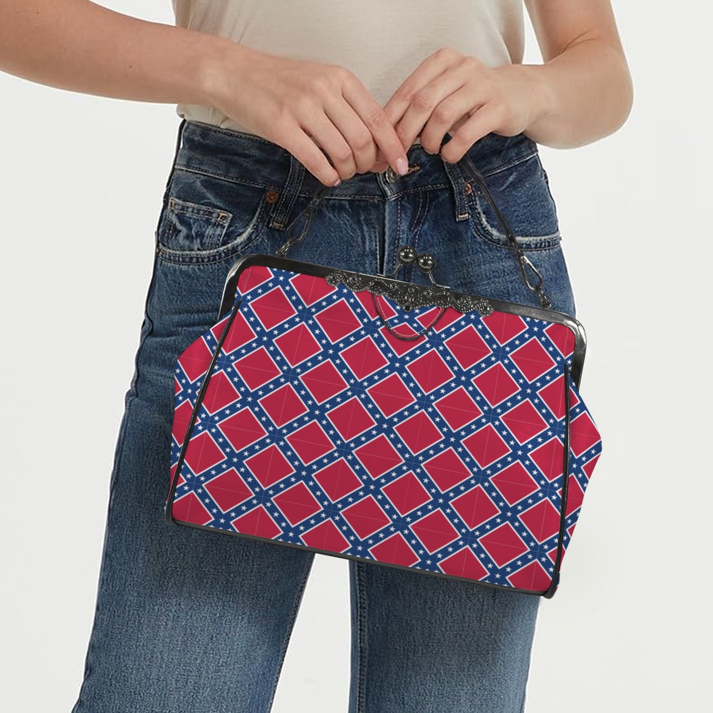 Confederate States Battle Flag Pattern Kisslock Crossbody Shoulder Bag